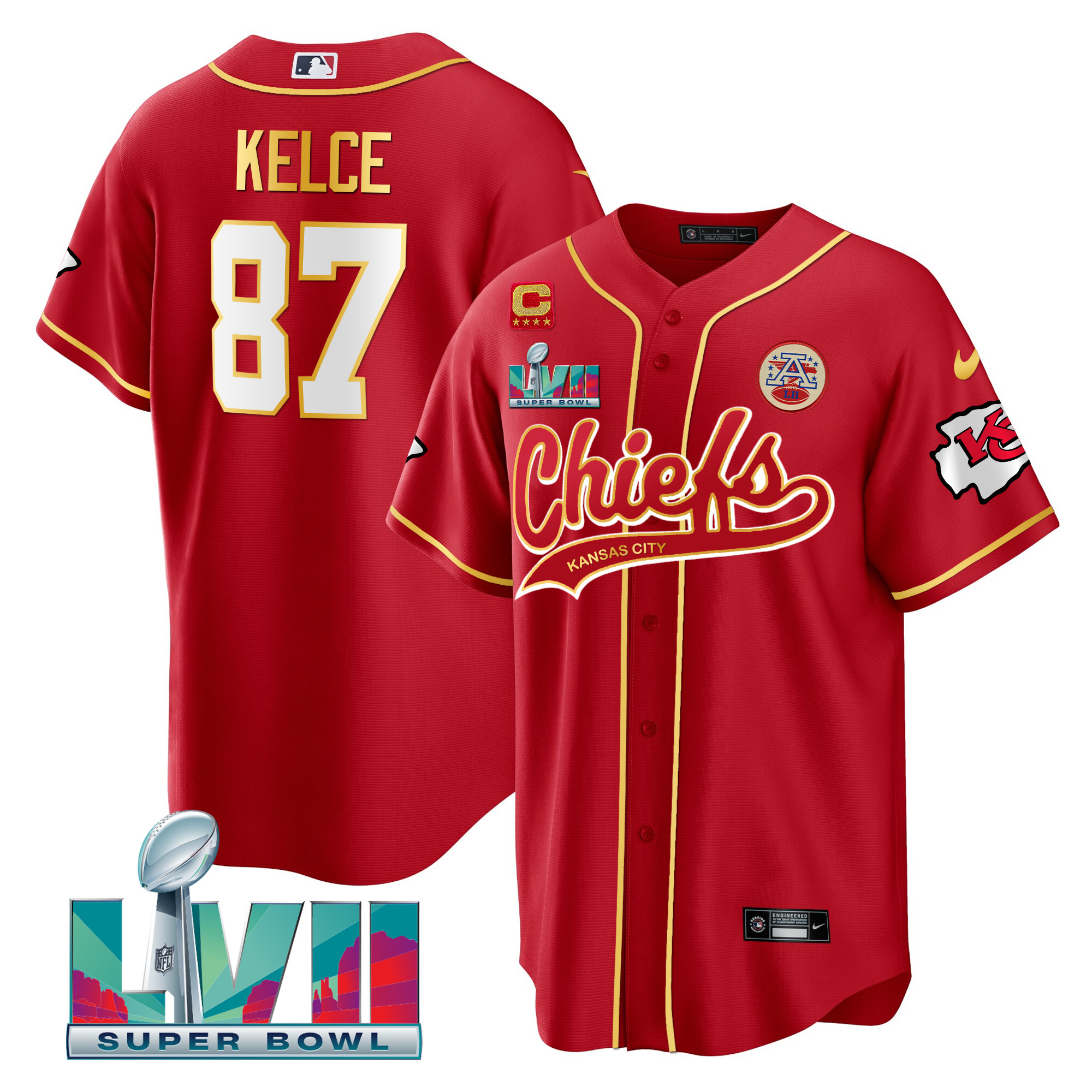 Men’s Kansas City Chiefs #87 Travis Kelce Red With 4-star C Patch And Super Bowl LVII Patch Cool Bae Stitched Baseball Jersey